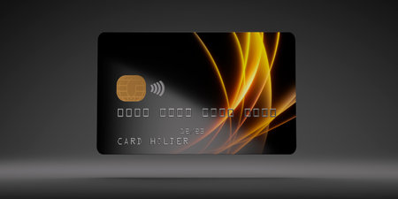 Black plastic credit card mock up, dark black backgroundの写真素材