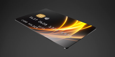 Black plastic credit card mock up, dark black backgroundの写真素材
