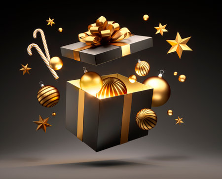 Black open gift box with Christmas decoration, light from inside, isolated on black background - 3D illustrationの写真素材
