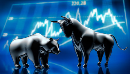 Golden bull and bear on dark glossy backdropの写真素材