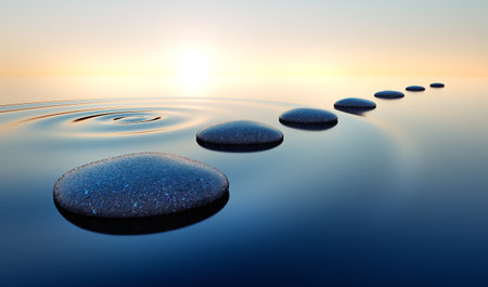 Row of stones in calm water in the wide ocean concept of meditation - 3D illustrationの写真素材