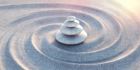 Stack of white stones in sand lines or waves - 3d illustrationの写真素材