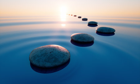 Row of stones in calm water in the wide ocean concept of meditation - 3D illustrationの写真素材