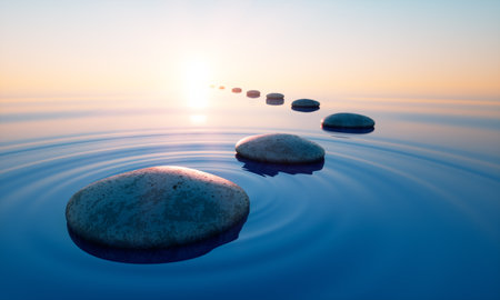 Row of stones in calm water in the wide ocean concept of meditation - 3D illustrationの写真素材