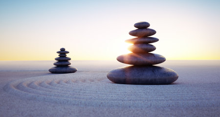 Japanese zen garden - two stacks of pebbles in the evening sun - 3D illustrationの写真素材
