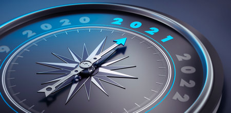 Dark compass with needle pointing to the numbers 2020 2021 2022の写真素材