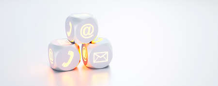 Three dice with communication symbols on white background - 3D illustrationの写真素材
