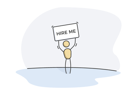 Character looking for a job holding a placard with the text Hire me. Vector illustration for job search conceptsのイラスト素材