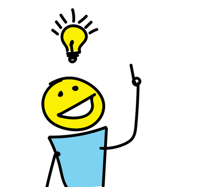 Stick figure having a creative idea with a light bulb over his head. Vector illustrationのイラスト素材