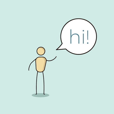Cartoon stick figure character saying hi on a speech bubble.のイラスト素材