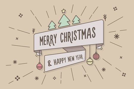 Trendy ribbon with Merry Christmas and happy new year message on a background with christmas shapes. Vector Illustration for web, banners, greeting cards, background, design element for projects etc.のイラスト素材