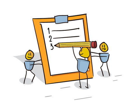 Happy little characters working as a team filling the to do list planner. Doodle illustration for business and other concepts related with efficiency, team work and organizationのイラスト素材