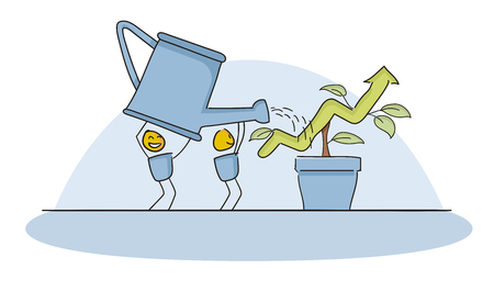 Little happy character watering growing progress bar. Concept for teamwork, beeing smart and innovative, investing long term. Vector file eps10のイラスト素材