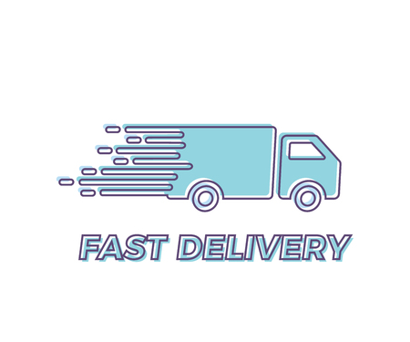 Fast shipping service icon with truck driving fast vector trendy outline illustration for express delivery conceptsのイラスト素材