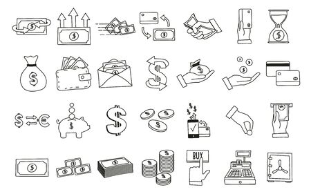 Set of hand drawn money related icons vector illustrations with money, finance, and commerce subjects.のイラスト素材