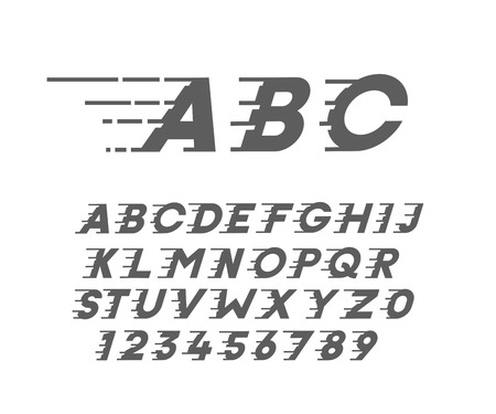 Custom font in italic style with motion elements. Speed highly customized alphabet. Vector typography.のイラスト素材