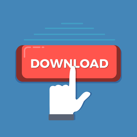 Vector Download Button with hand pressing it. Flat vector illustrationのイラスト素材