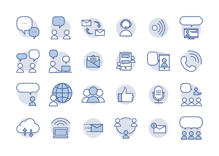 Communication and interaction icons. Vector thin line pictograms of ways of communicating and sharing information through real life interactions or technology devices.のイラスト素材