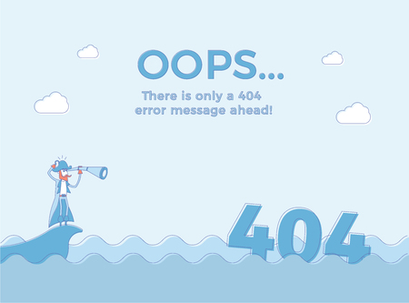 Flat line concept for page not found 404 error. Vector illustration background with a pirate sailing in the sea that just found a 404 error message with his telescope.のイラスト素材