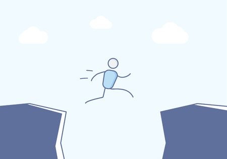 Cartoon stick figure jumping between cliffs. Vector illustration for different concepts like taking a chance, risk, success, obstacles etc. Design in eps10 formatのイラスト素材