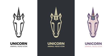 Stylized geometric Unicorn head illustration. Vector icon tribal icon. Colorful rainbow hornのイラスト素材