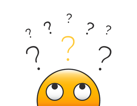 Emoticon character person head looking up at a stack of question marks. Vector illustration design with transparent background for curiosity, doubt, uncertainty and problem solving concepts.のイラスト素材