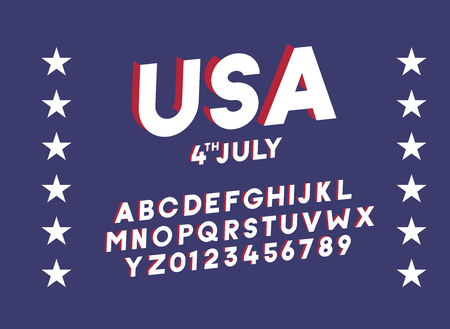 American 3d block alphabet. Vector font for united states of america related concepts - 4th july, veterans day, memorial day. Web banners, posters, titles and headlines, merchandise.のイラスト素材