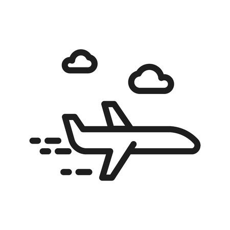 Airplane traveling in the sky with clouds. Vector thin line icon illustration for holidays and vacations, summer, business flight, traveling agency.のイラスト素材
