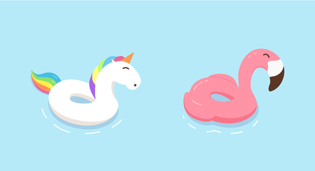 Rainbow unicorn and flamingo float rings. Vector flat hand drawn doodle illustrations. Summer, holidays, vacation beach and pool design.のイラスト素材