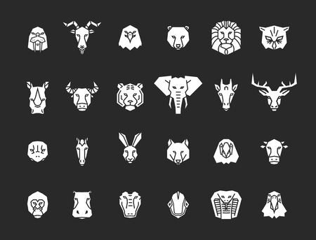 24 animal head icons. Unique vector geometric illustration collection representing some of the most famous wild life animals.