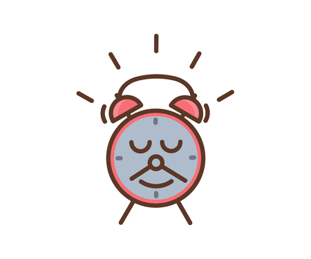 Cute alarm clock character with a smile and a mustache made of the minutes and hours pointer arrows. Vector icon illustration for morning and waking up subjets, education, kids, school, students, businessのイラスト素材