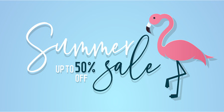 Summer sale background with flamingo in paper art style and calligraphic text for commerce, e-commerce, online shopping, banners, posters, vouchers, flyers etc.のイラスト素材