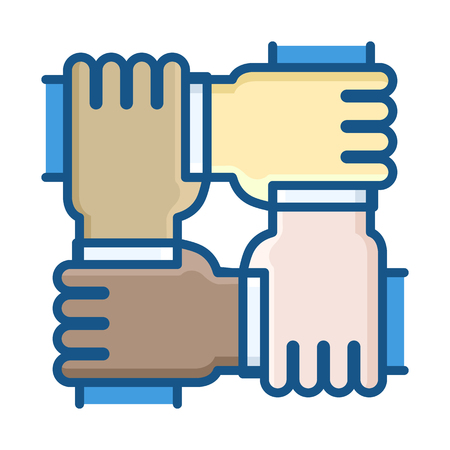 Four hands of different ethnic groups working together as a team. Vector thin line icon illustration. Business, startup, non-profit organization, volunteers, unity, equality, community and other conceptsのイラスト素材