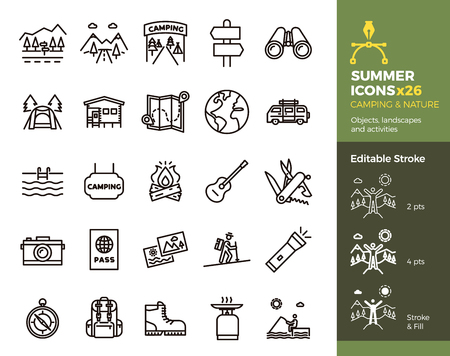 Summer icons, Camping and Nature. Objects, landscapes and activities. Vector thin line illustration. Editable stroke, easily editable. Vacation in mountains, adventure outdoors, traveling.のイラスト素材