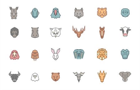 Set of 24 animal heads. Vector zoo icon collection in tribal geometric style and trendy color set. Drawings of exotic, wild and domestic animals in filled outline styleのイラスト素材
