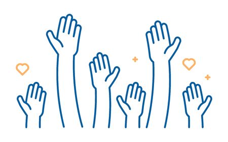 Raised helping hands vector icon. Illustration for volunteer and charity work in flat style with arms and geometric elements, hearts.  Crowd of people ready and available to help and contribute. Positive foundation, business, service.のイラスト素材