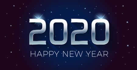 Vector Happy new year 2020 illustration with silver 3d text on a dark blue background full of stars.  For seasonal holiday web banners, flyers and festive postersのイラスト素材