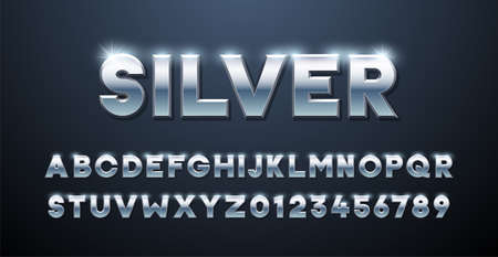 Silver Alphabet. Metallic font 3d effect typographic elements. Mettalic stainless steel three dimensional typeface effectのイラスト素材