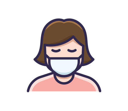 Person in medical face protection mask. Vector icon of a depressed and tired woman wearing a protective surgical mask. illustration for concepts of disease, sickness, alergies, pollution, corona virus, quarantine, epidemyのイラスト素材