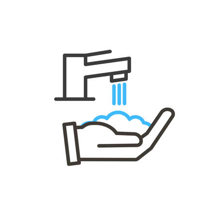 Coronavirus covid-19 prevention hand washing illustration. Vector thin line icon with hands sanitizing with water and soap. Simple design for antibacterial and protection from infection awarenessのイラスト素材