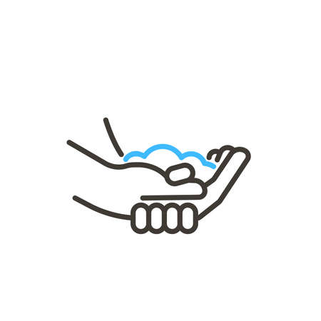 Coronavirus covid-19 prevention hand washing illustration. Vector thin line icon with hands sanitizing with water and soap. Simple design for antibacterial and protection from infection awarenessのイラスト素材