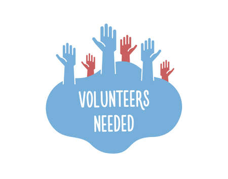 Volunteers and charity work. Raised helping hands. Vector filled flat isolated banner illustration with a crowd of people ready and available to help and contribute. Positive foundation, business, service.のイラスト素材