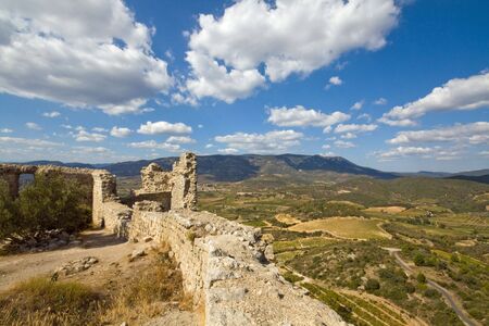 Panoramic view from chateau aquilar, one of the cathar-castles in the languedoc, in the champaign of the languedocの写真素材