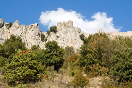 General View of Chateau Peyrepertuse, Languedoc, the biggest of the Chatar Castles in the Languedoc, built on a hilltopの写真素材