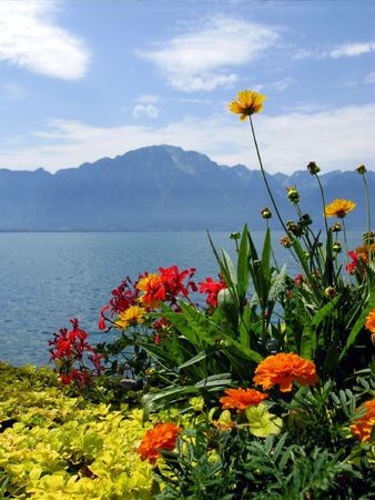 Lake Geneva. View from the embankment in the famous Europea resort Montreux. Switzerland.の写真素材