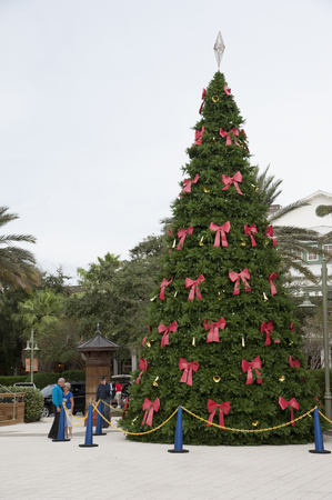 Christmas tree with red ribbons at Sumter landing The Villages Florida USAのeditorial素材