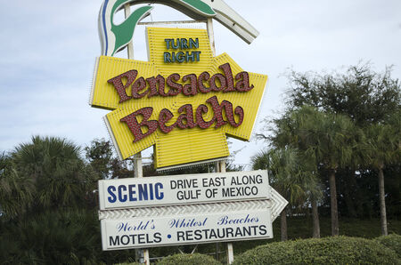 Roadside sign for Pensacola Beach Florida USAのeditorial素材