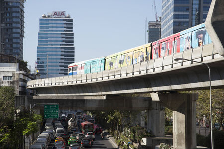Mass transit skytrain above Silom Road in Bangkok, Thailand