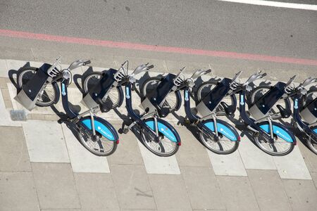 Barclays funded bycles for hire on the Emankment central London UK
