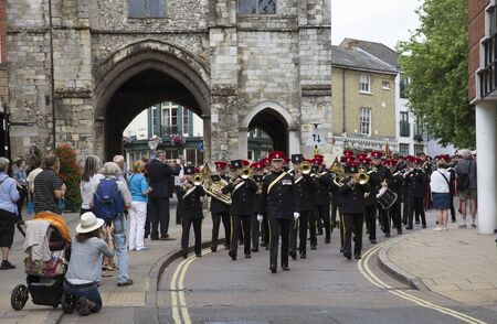 Marching officers and men Kings Royal Hussars during the Freedom of Entry parade in Winchester...